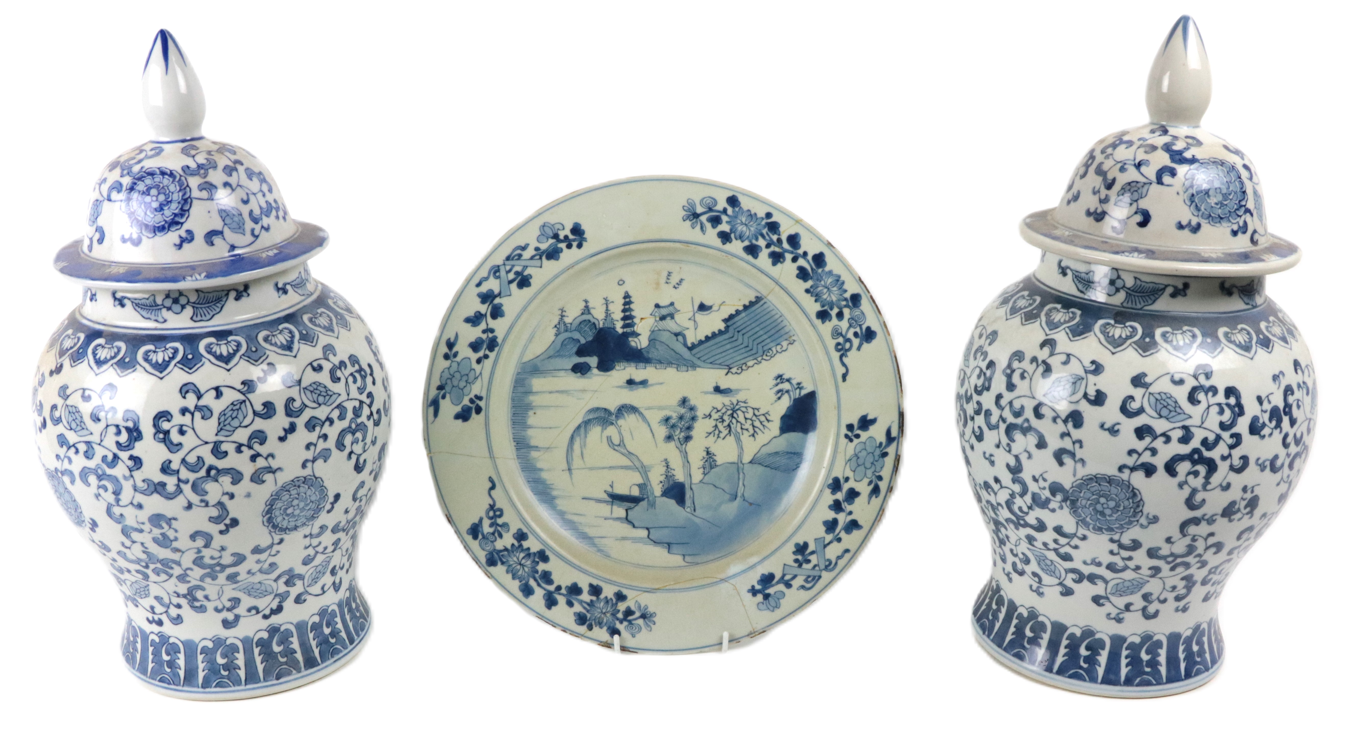 A large pair of modern Chinese blue and white bulbous Jars & Covers, each approx. 45.5cms (18")