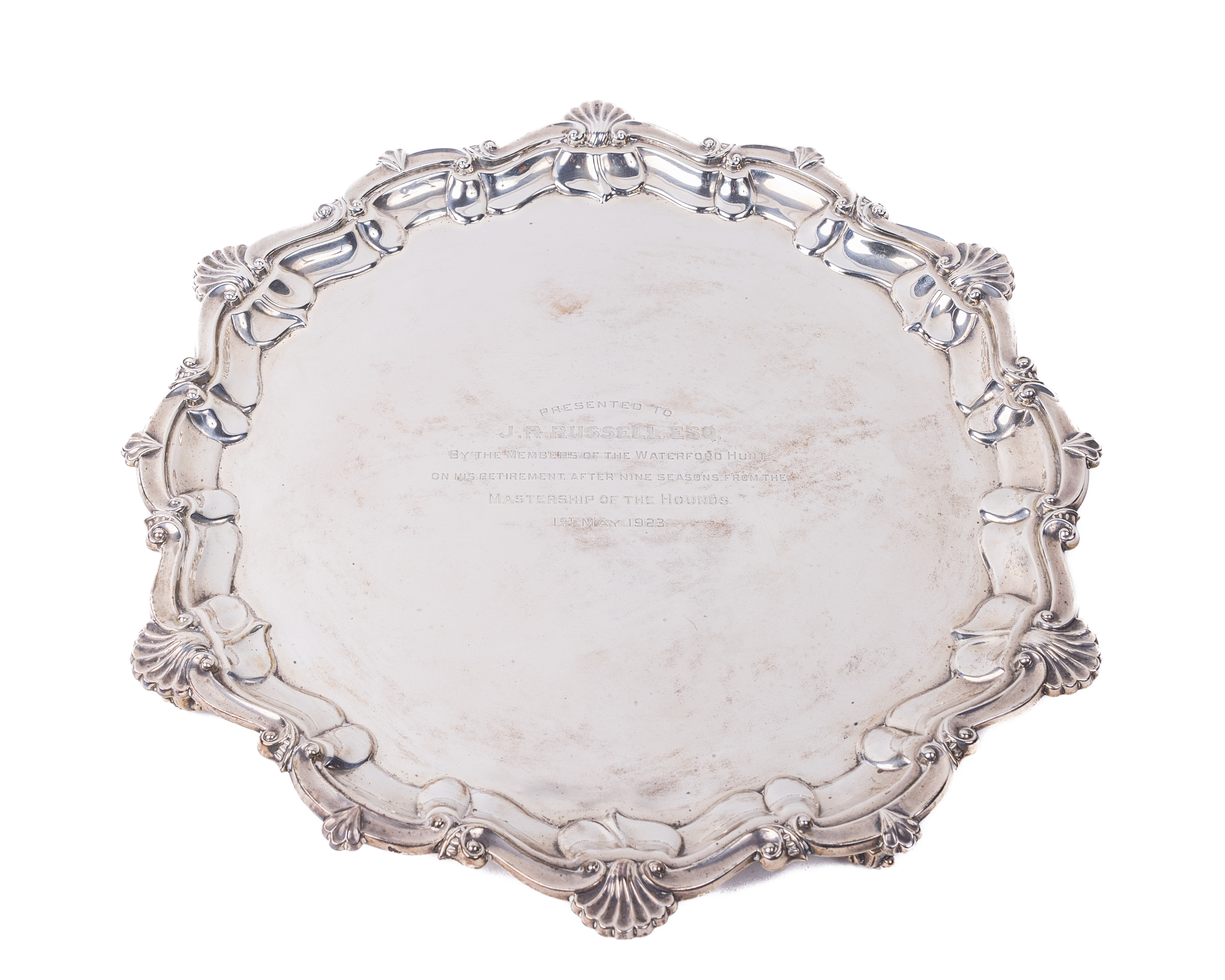 Co. Waterford: A large Georgian style silver Presentation Salver, the moulded edge with scroll and