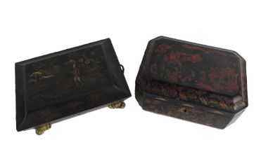 An attractive 19th Century Chinese lacquered Tea Caddy, the shaped lift top decorated in the typical