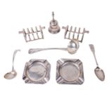 A pair of English silver Art Deco miniature Toast Racks, by Mappin & Webb, a silver Calling Bell,