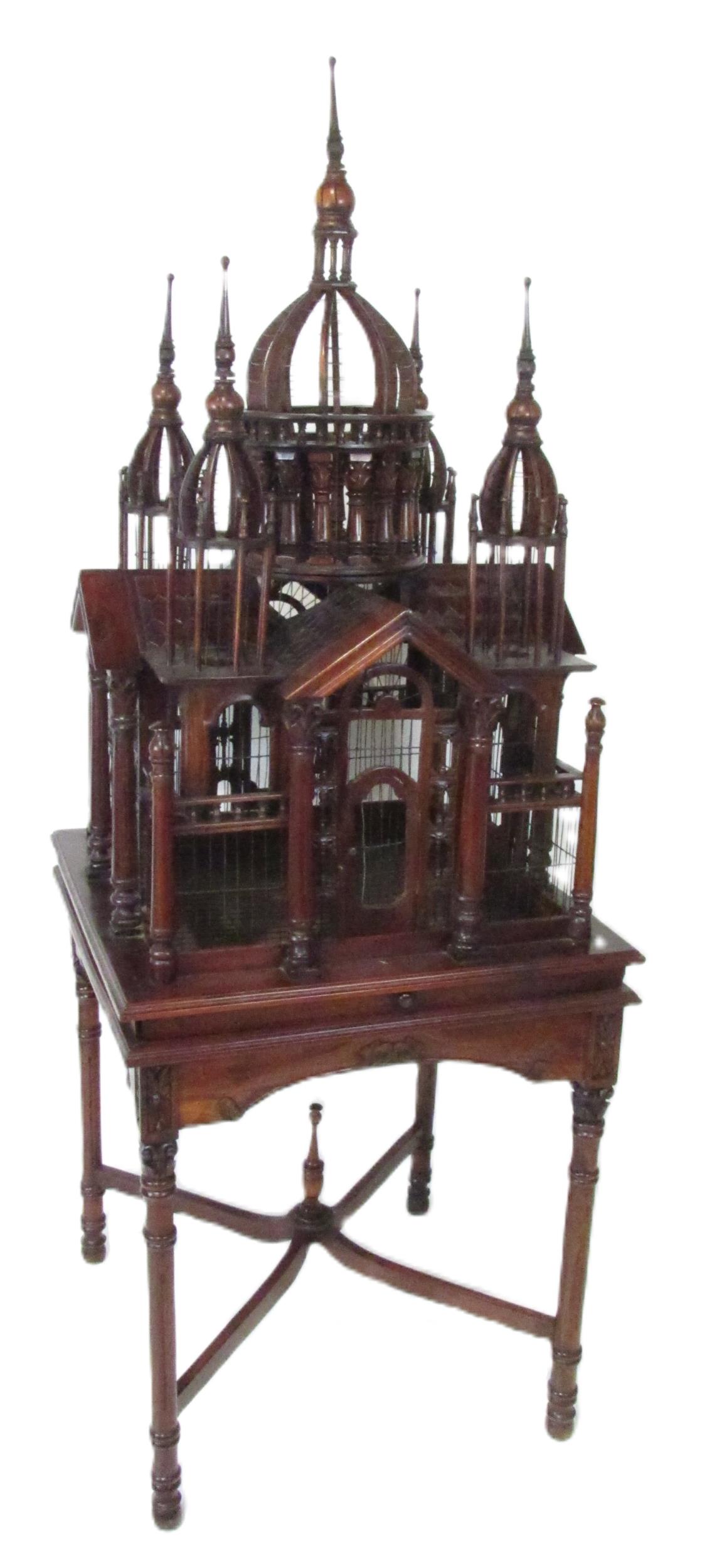 A Georgian style Vintage mahogany 'Sacre Couer' Bird Cage on stand, approx. 190cms high x 72cms