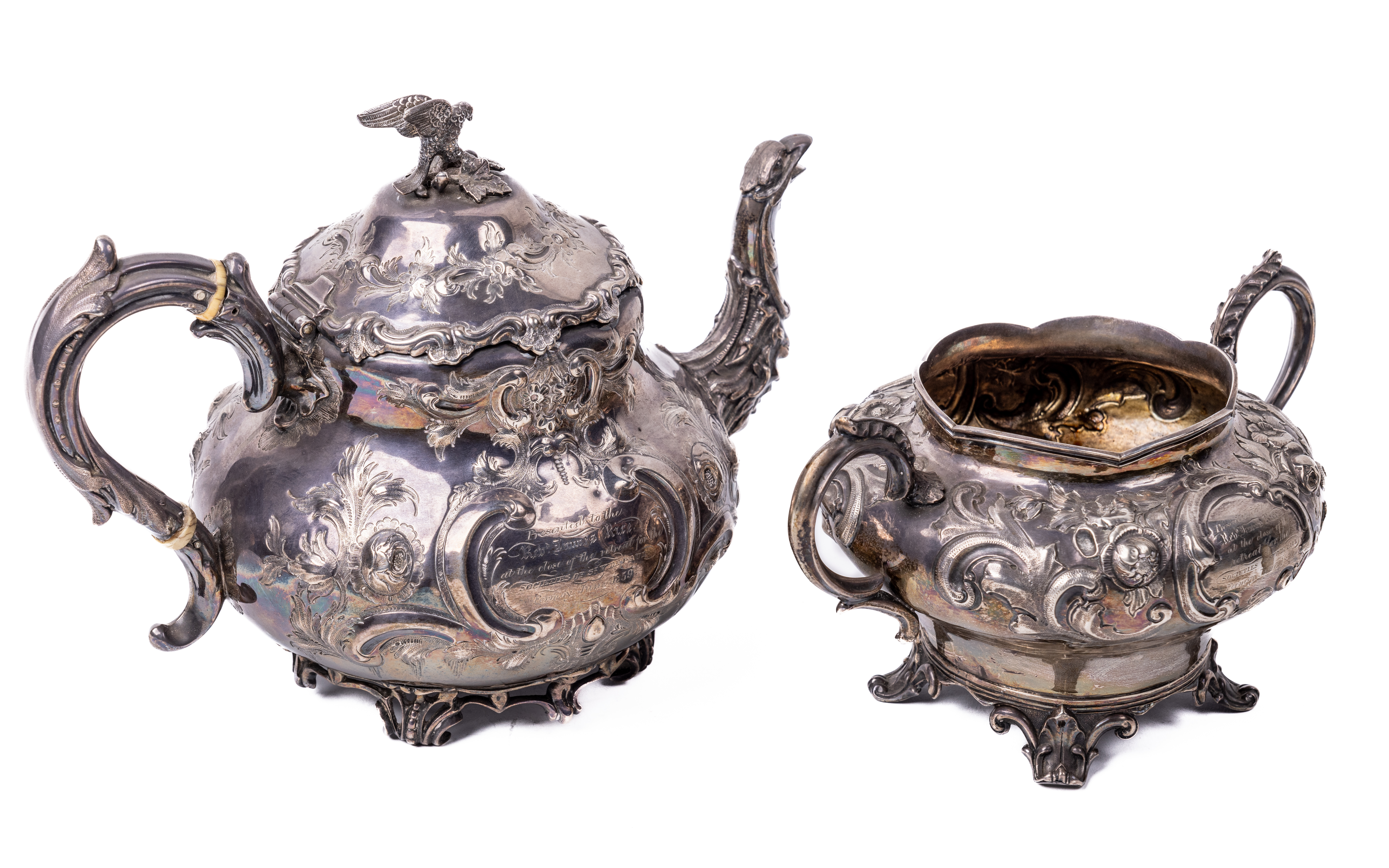 Co. Cork: A fine quality English silver two part Tea Service, embossed design comprising teapot