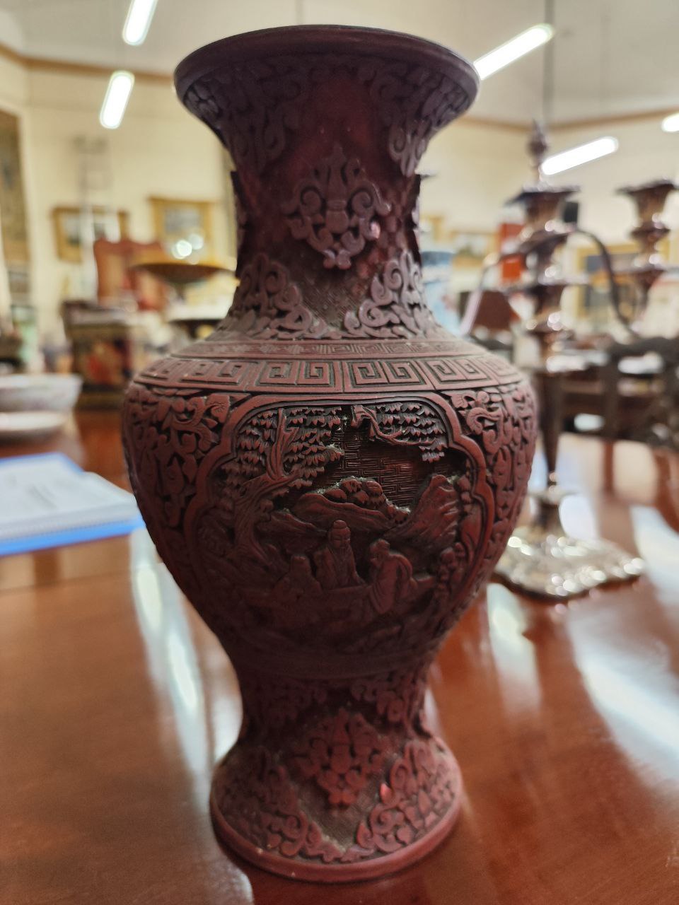 A pair of 19th Century Chinese cinnabar baluster shaped Vases, with landscape and figural panels, - Image 6 of 10