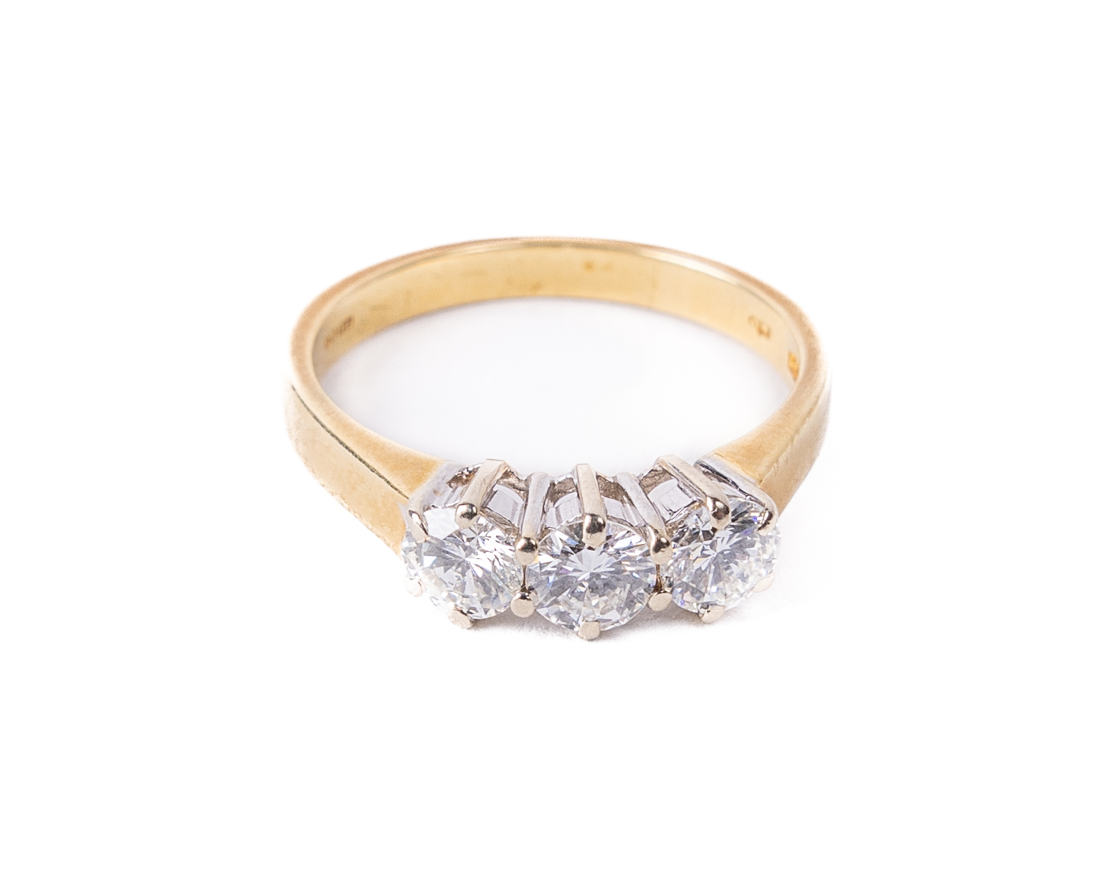 An attractive Ladies 18ct gold and diamond Ring, set with three .3ct diamonds, G/S1, quality,