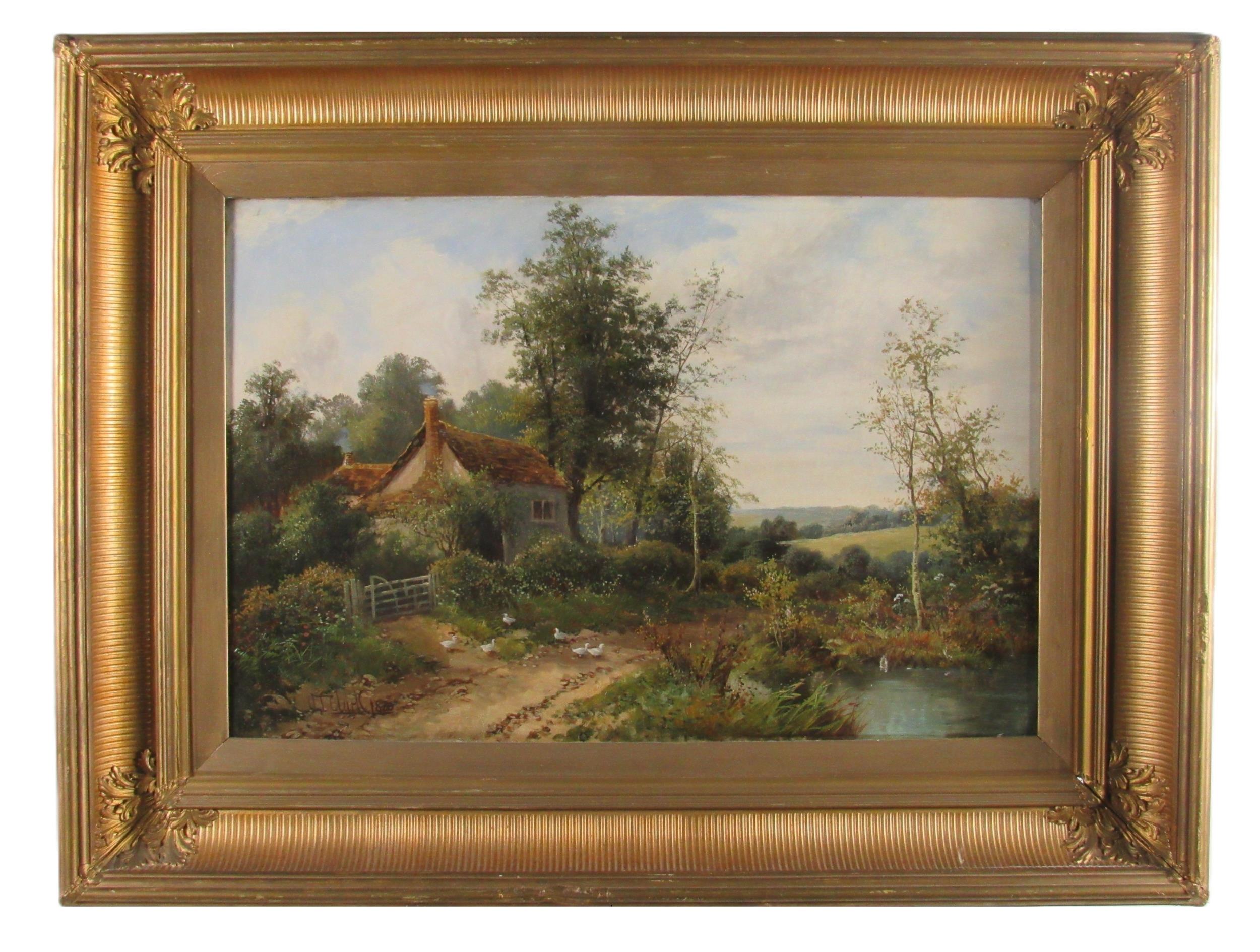 Octavius T. Clark, British (1850-1921) "British Landscape with Cottage in foreground and Figure at - Image 2 of 3