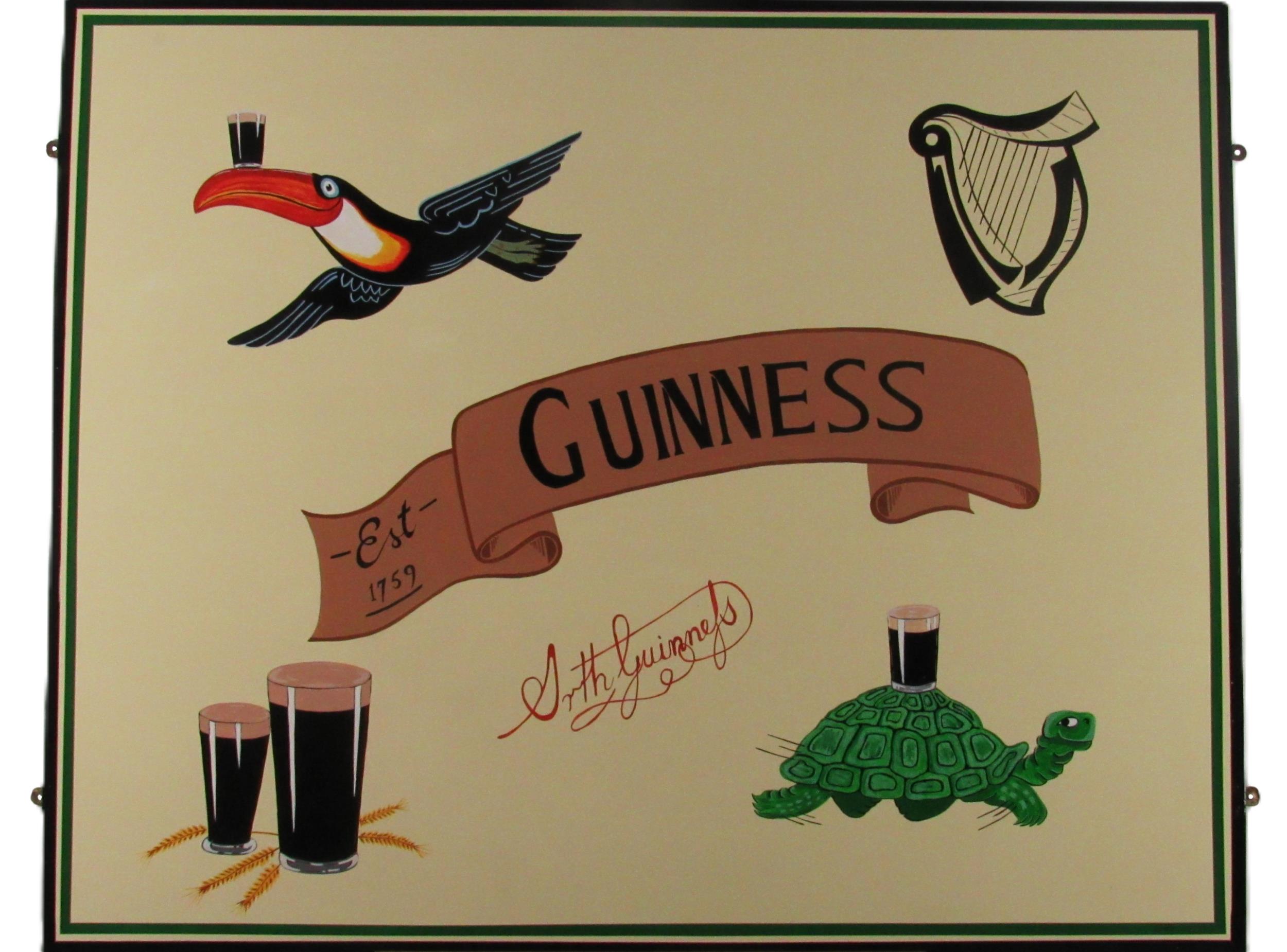 An attractive large painted and varnished Advertisement Sign, for "Guinness" with illustrations of