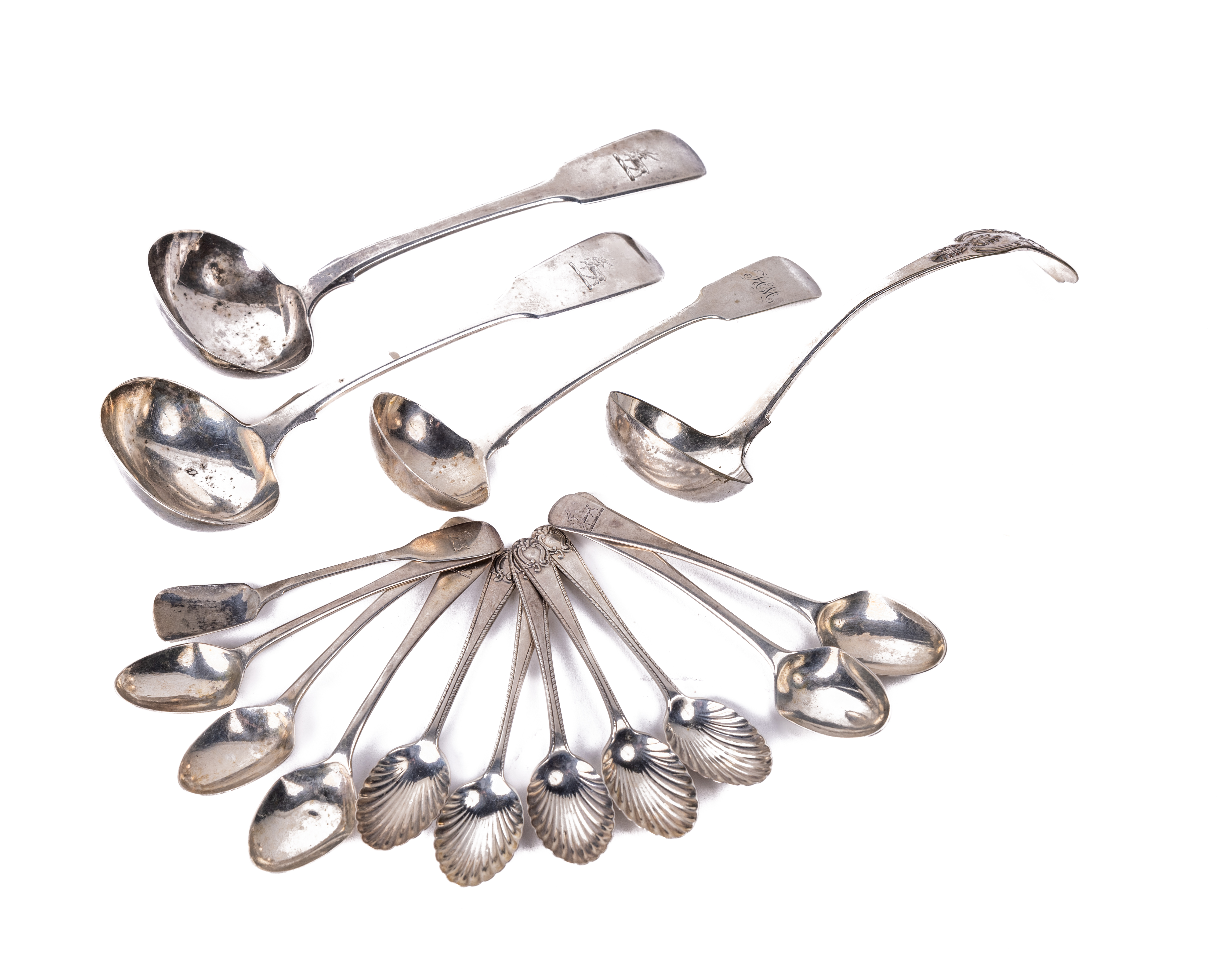 Silverware: A set of five silver shell bowl design Teaspoons, London 1894; together with five silver