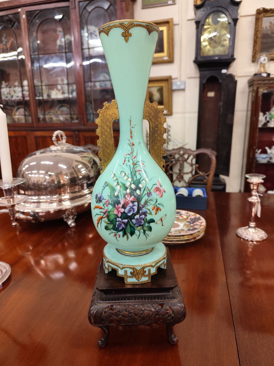 An attractive Chinese style tubular blue ground glass Vase, decorated with hand painted floral - Image 8 of 14