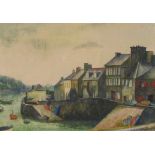 Sine MacKinnon, Irish (1901-1996) "Port town," watercolour, port scene with boats and harbour in