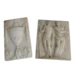 An early carved marble fireplace Panel, depicting classical male and female figures in conversation,