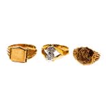 An attractive modern set 9ct gold Engagement Ring, with two small stones, and two 9ct gold Signet