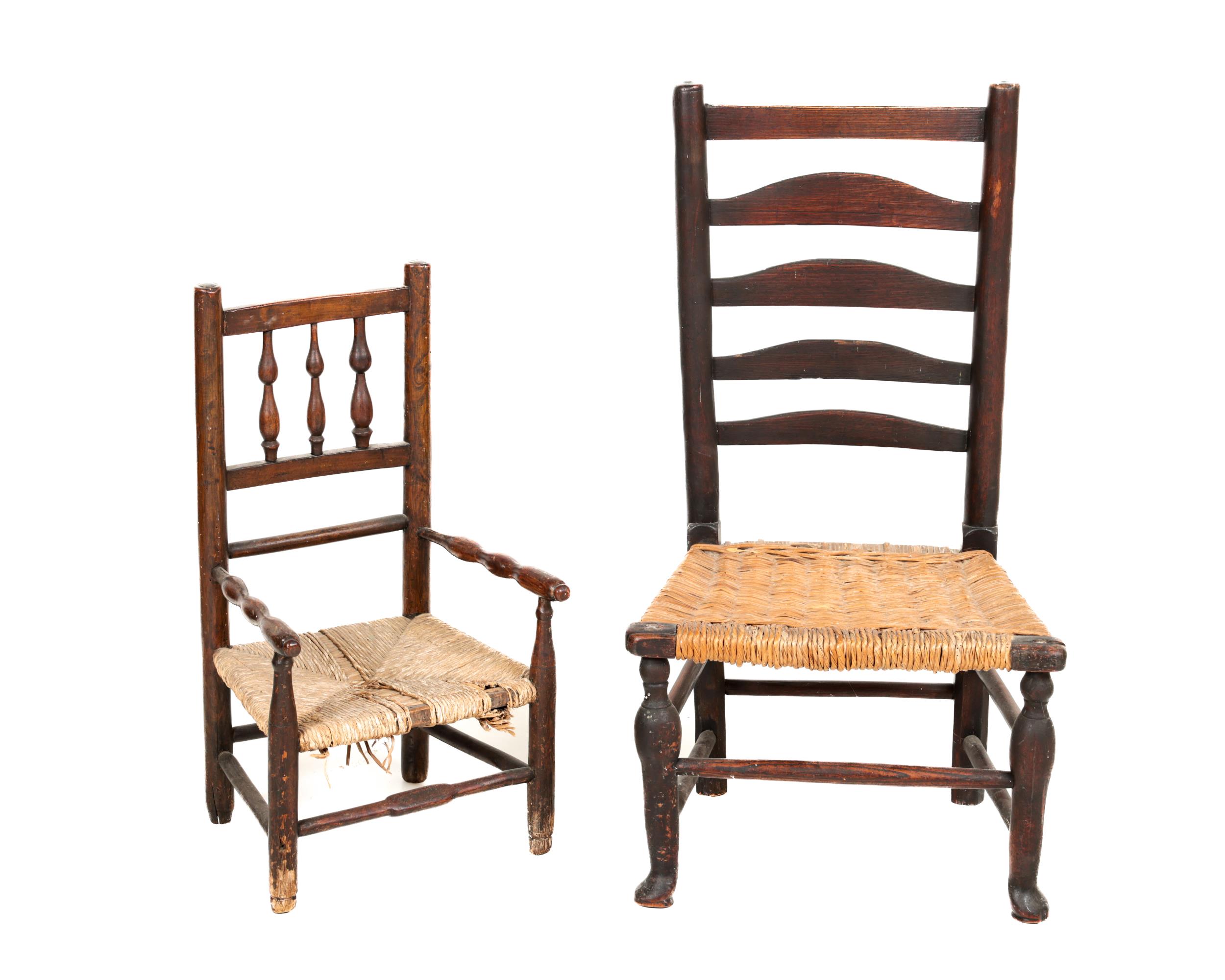 A 19th Century Irish 'Sugan' ladder back Low Chair, with cane work seat on front turned legs and