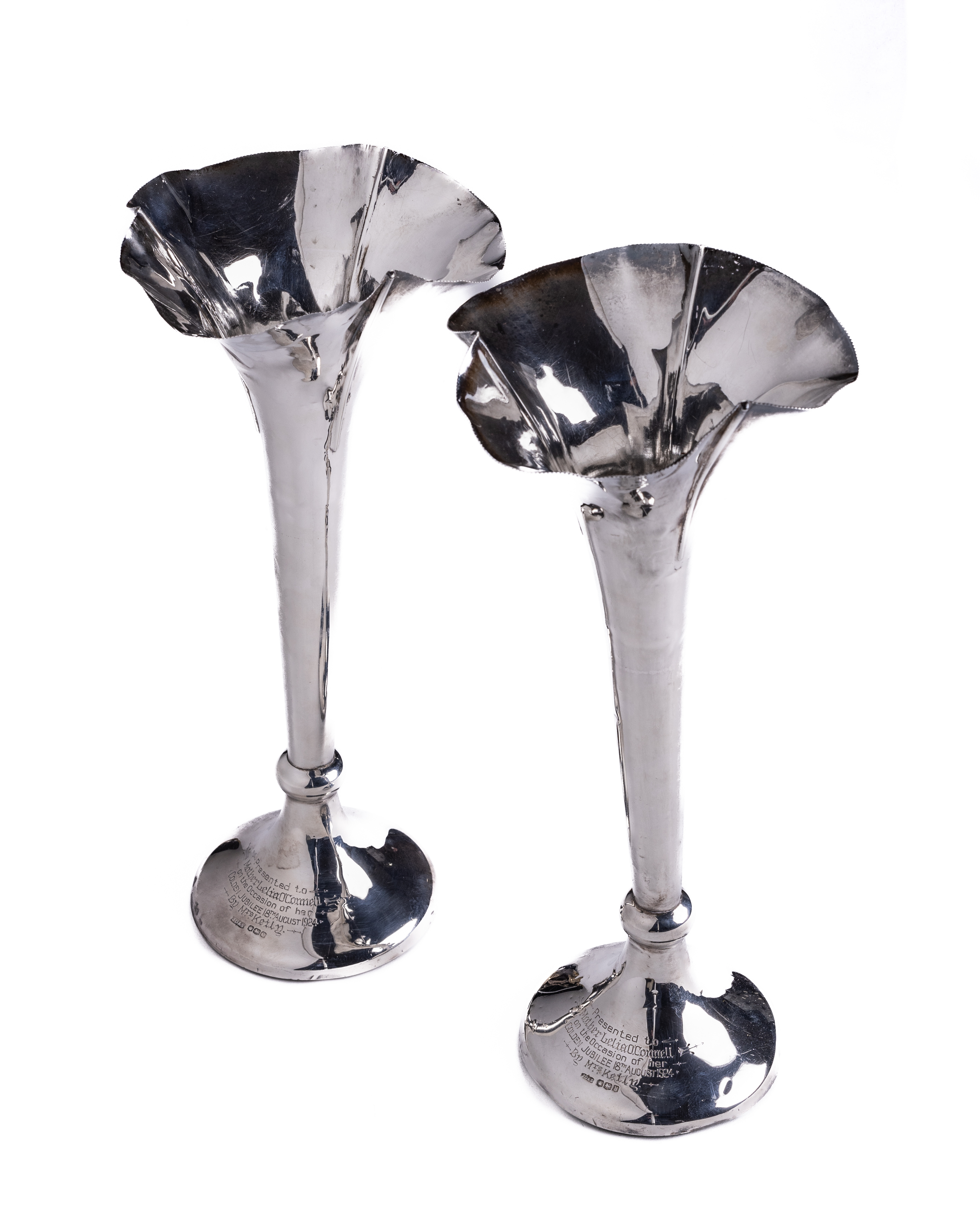 A pair of large trumpet design English silver Vases, by James Dixon and Sons, Sheffield, c. 1922,