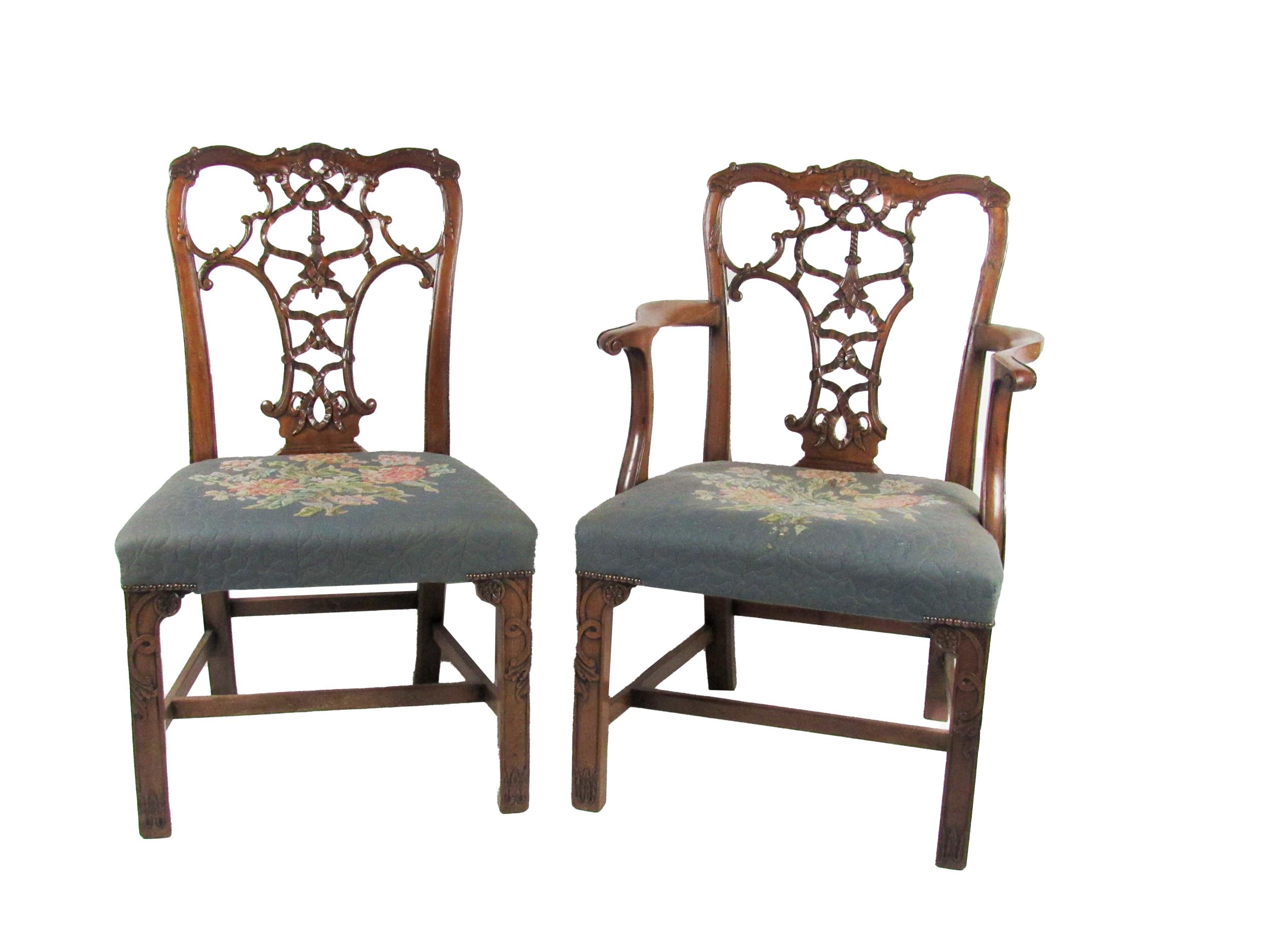 A set of 6 (4 + 2) mahogany Dining Chairs, decorated in the Chippendale style, with ornate carved