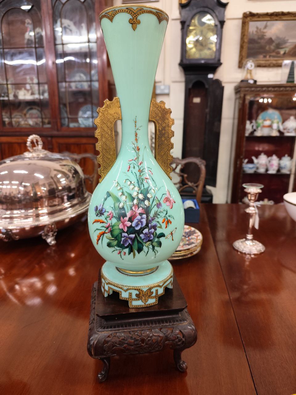 An attractive Chinese style tubular blue ground glass Vase, decorated with hand painted floral - Image 7 of 14