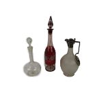 An attractive silver plated frosted glass Claret Jug, a tall etched crimson glass Decanter and