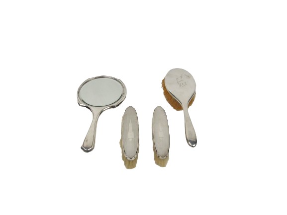 A Ladies Vanity Set, comprising mirror, hair brush, and two other smaller brushes, each silver - Image 2 of 2