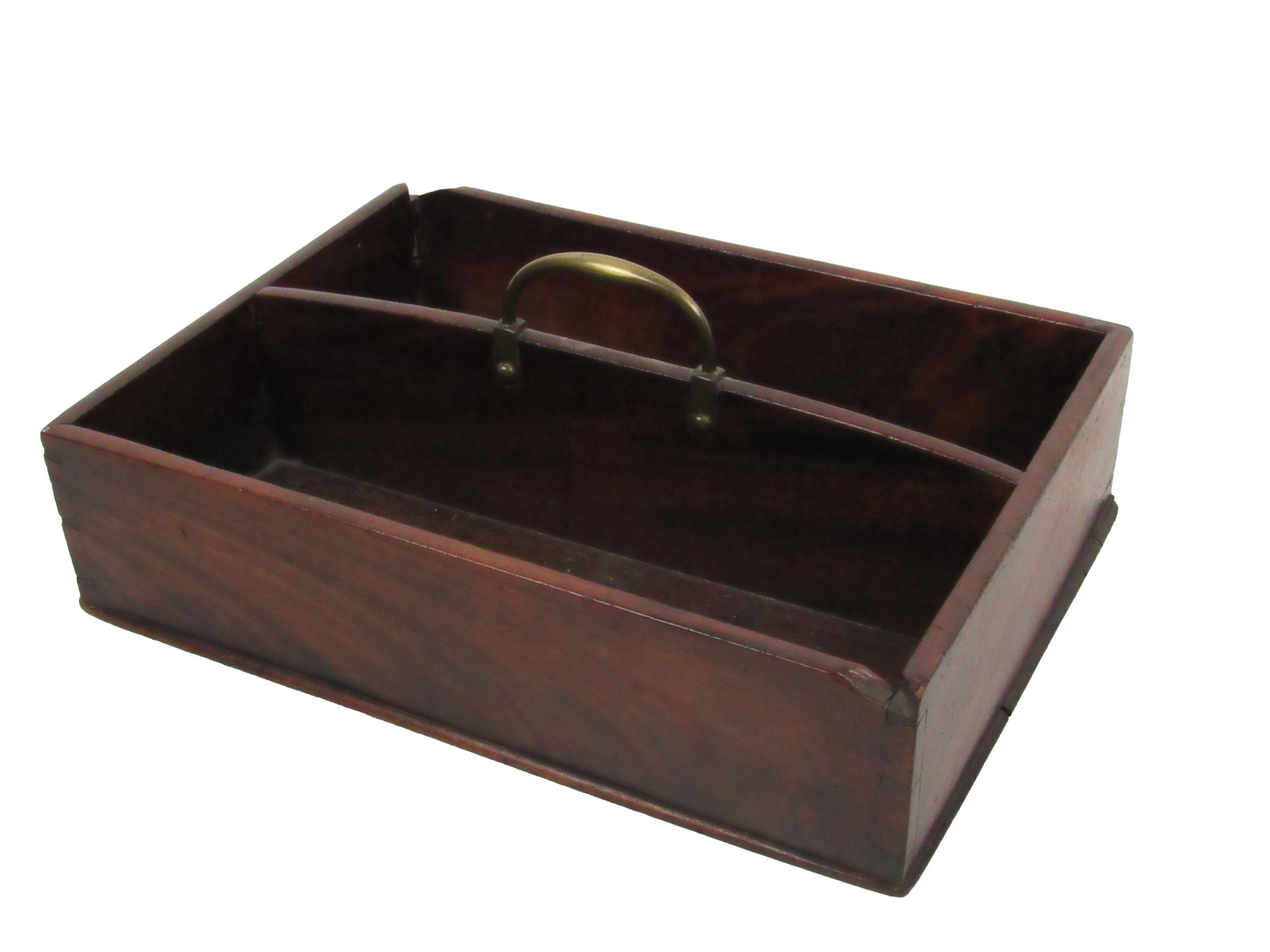 A Georgian mahogany two compartment Cutlery Carrier, with brass handle. (1) Provenance: Nelson