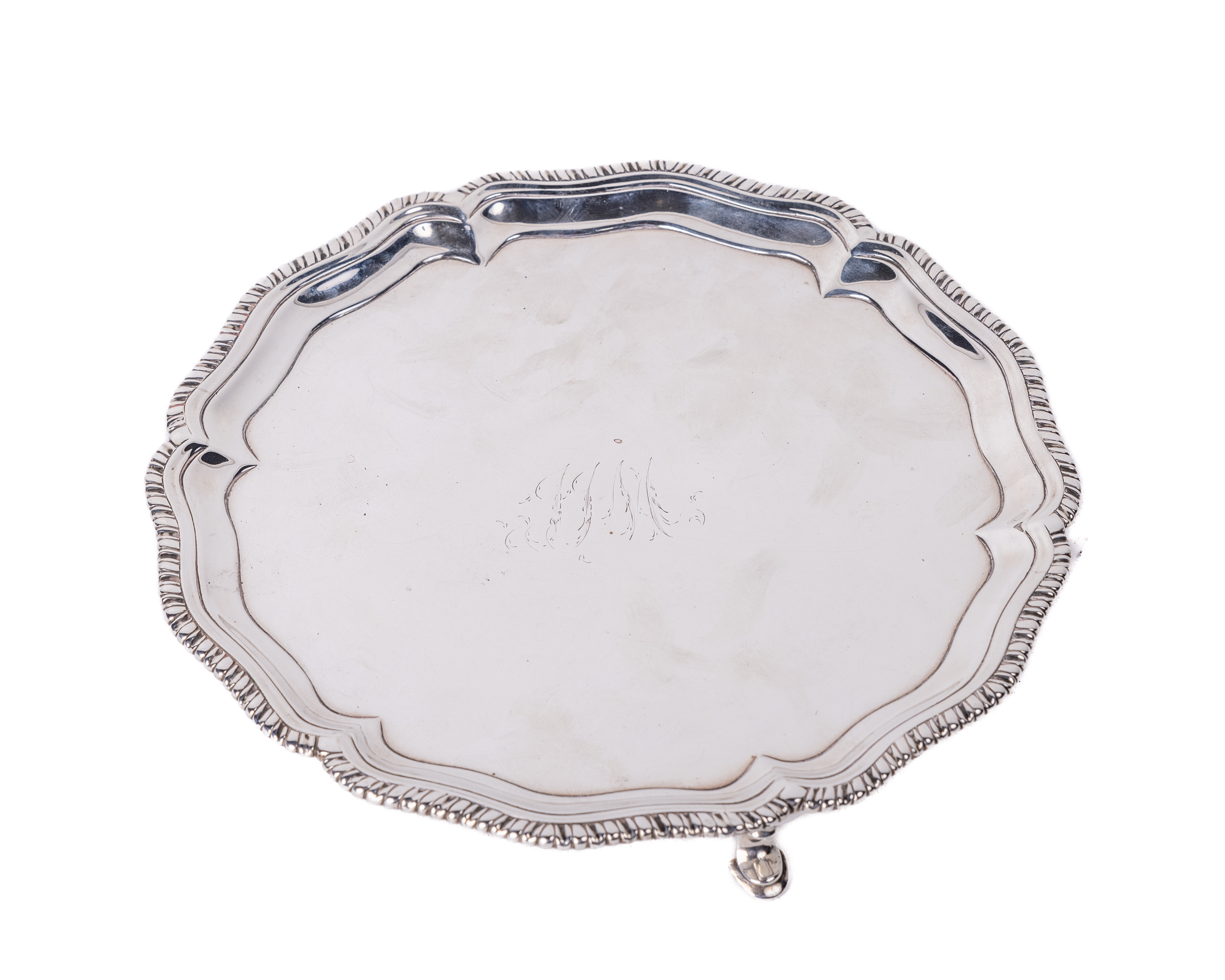 A Georgian period English silver Card Tray, with engraved monogram centre, of shaped form and reeded