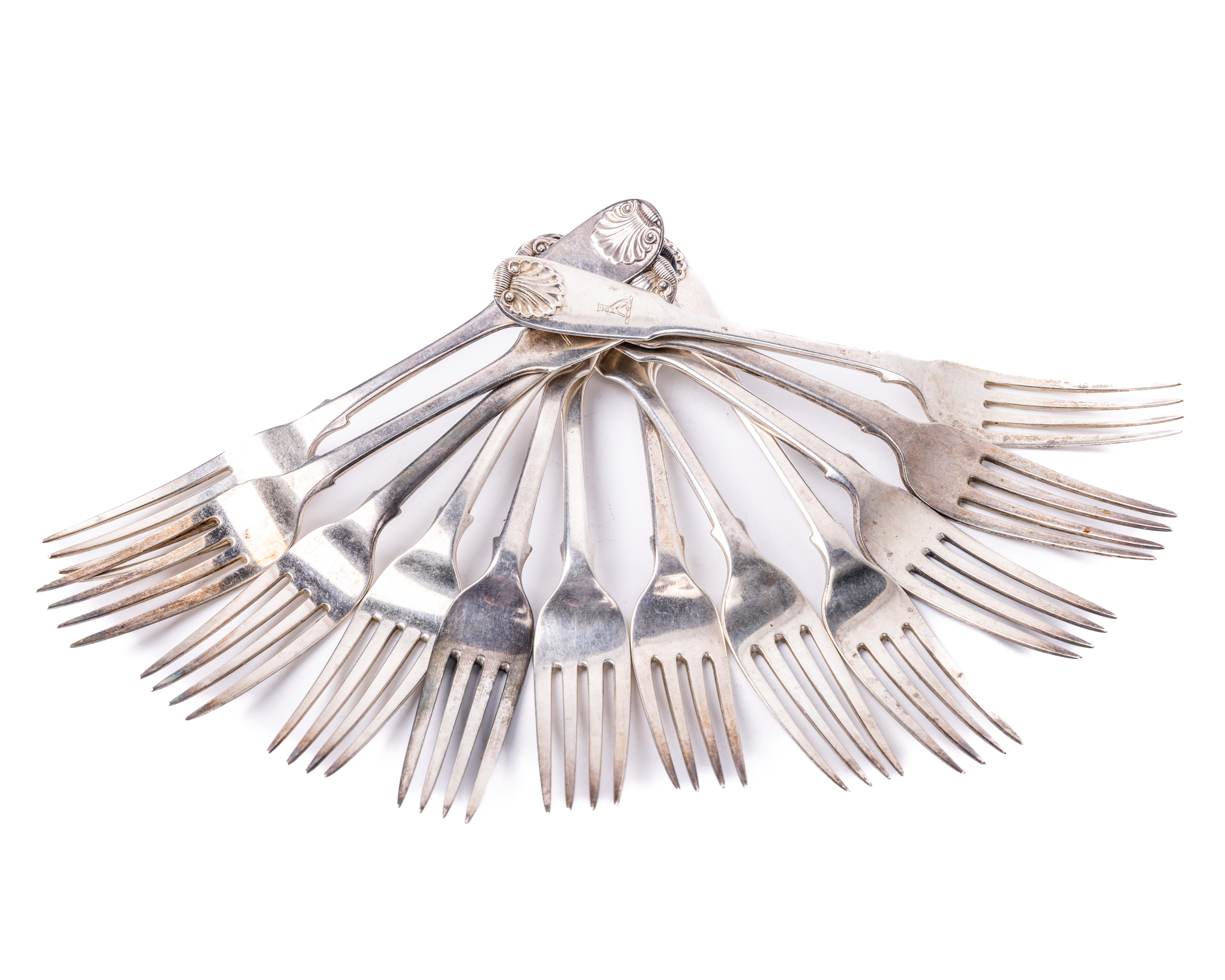 A set of 12 English Victorian kings pattern silver crested Dinner Forks, with shell design and