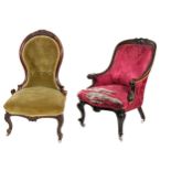 An attractive Victorian mahogany framed Easy Armchair, with carved shell top, scroll arms on front