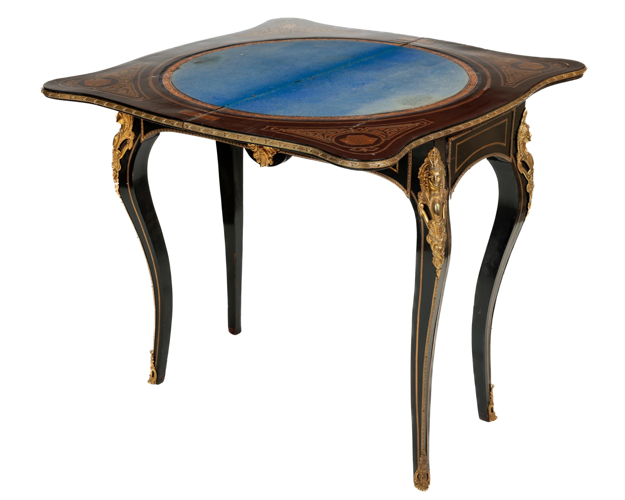 A 19th Century French ebonised and brass inlaid fold-over Games Table, the top opening to reveal a - Image 2 of 2