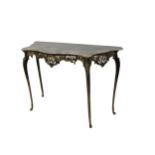 A French Louis XVI style Console Table, the moulded white marble serpentine top over a rococo
