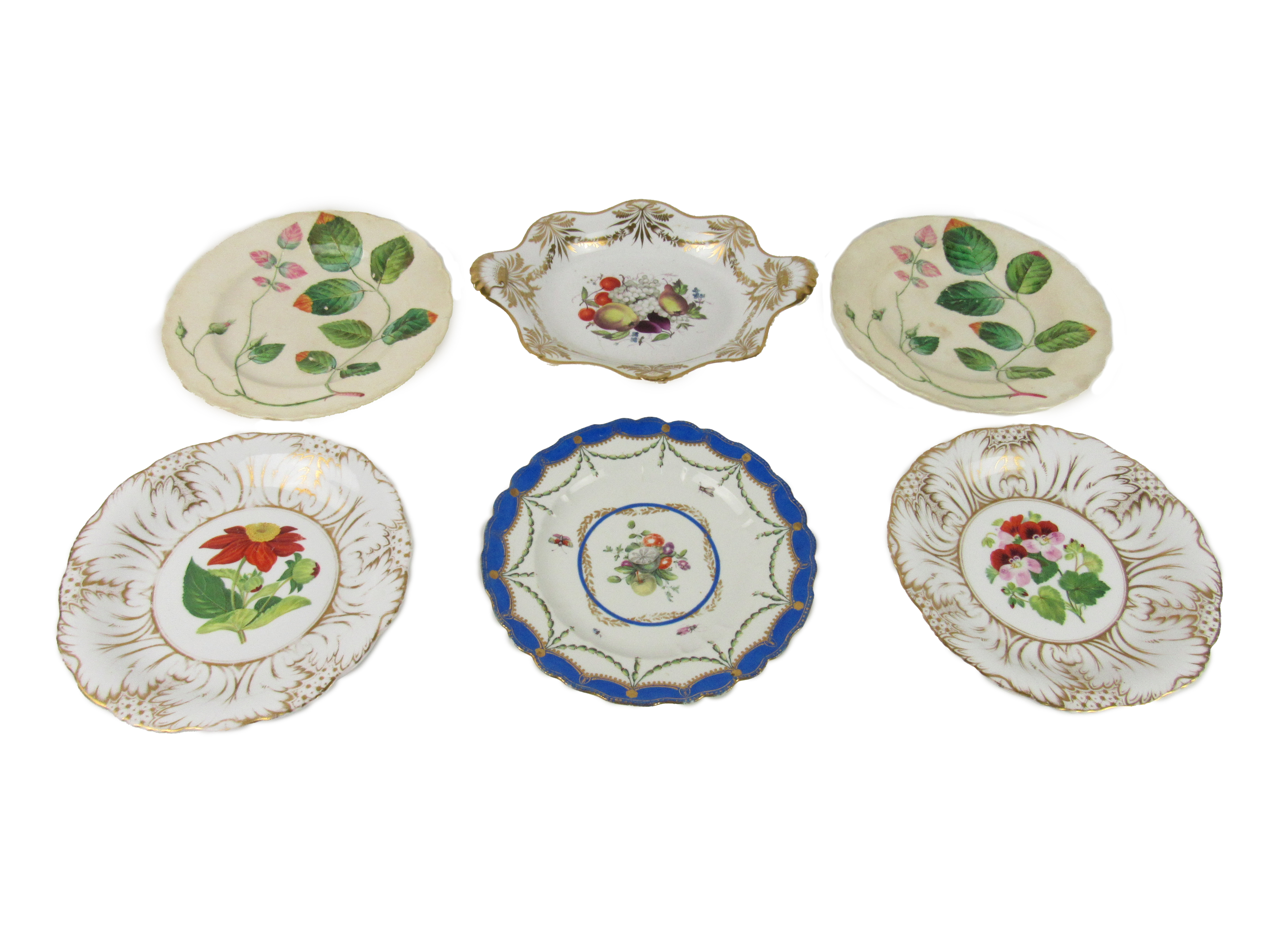 A pair of attractive floral decorated Comports, a single Plate with blue and gilt border,