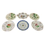 A pair of attractive floral decorated Comports, a single Plate with blue and gilt border,