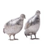A quality pair of Victorian Sterling silver cast models of Partridges, made by Berthold Muller, with