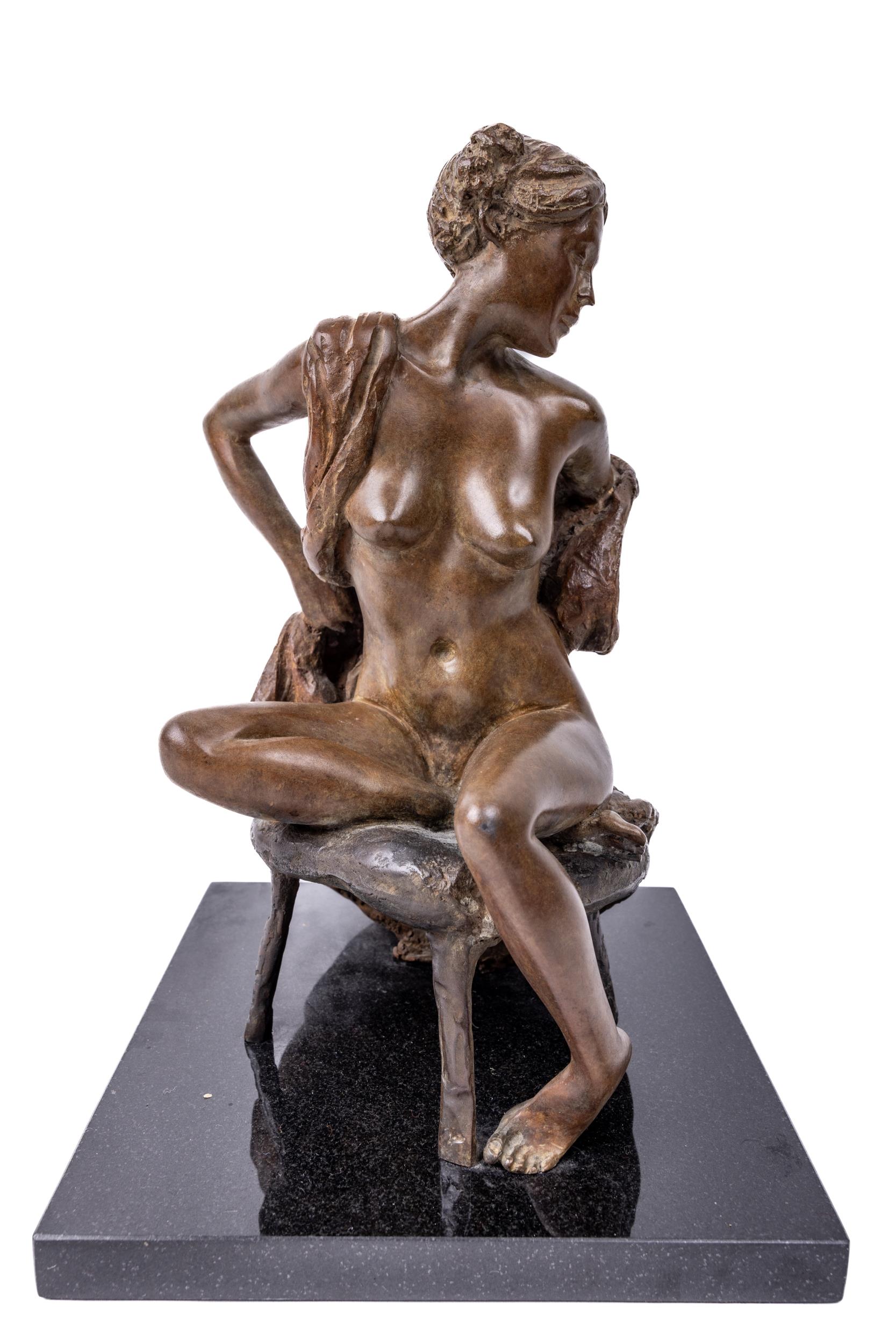 Paddy Campbell, Irish b.1942 "Ellen Disrobing," bronze on marble base, approx. 36cms (14") high,