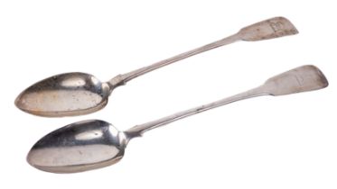 A pair of Georgian English fiddle pattern crested Serving Spoons, with 'Russell' family crest, by