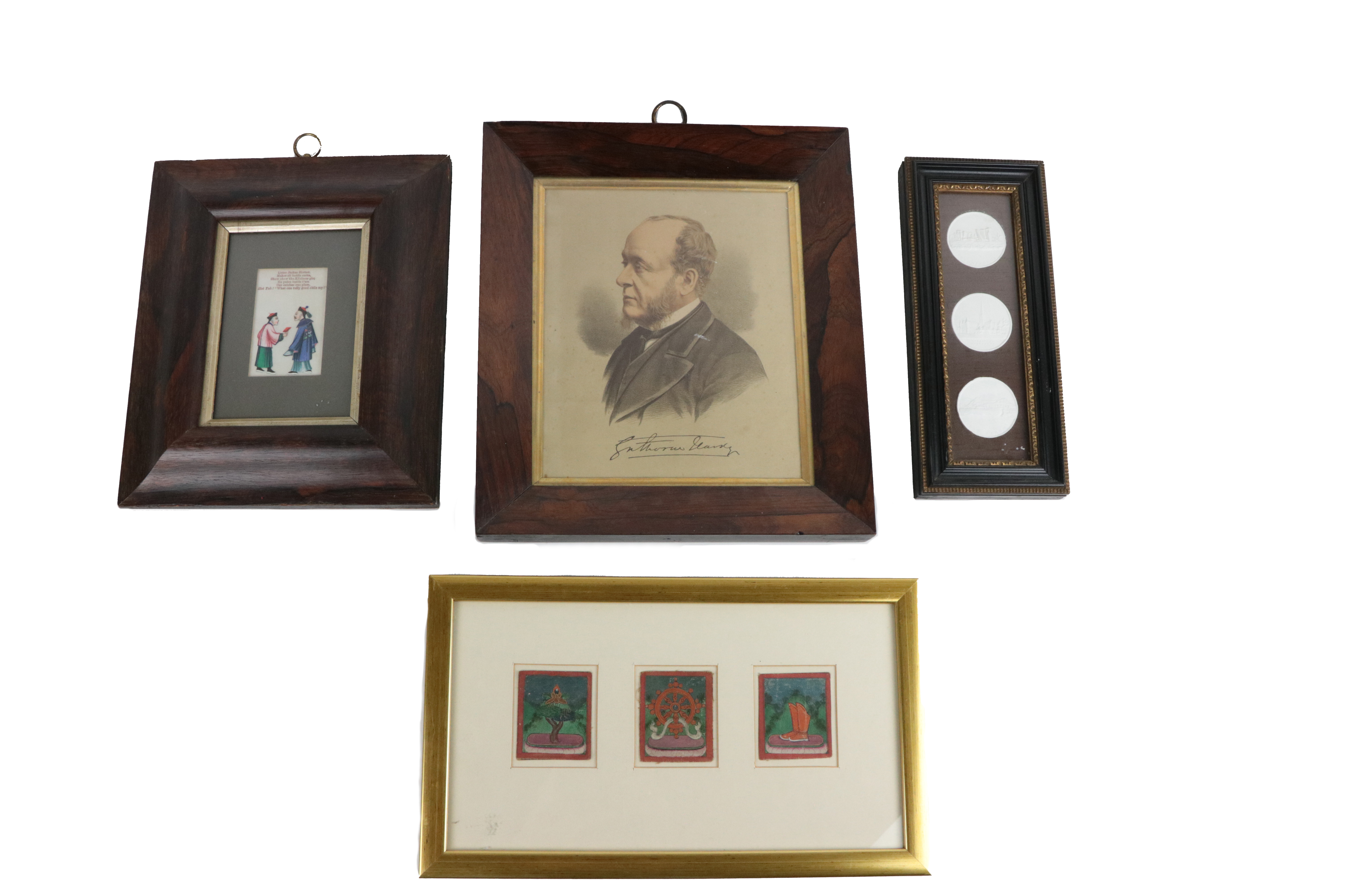 A small Chinese Painting on rice paper, a 19th Century coloured Portrait Print, both in rosewood - Image 5 of 5
