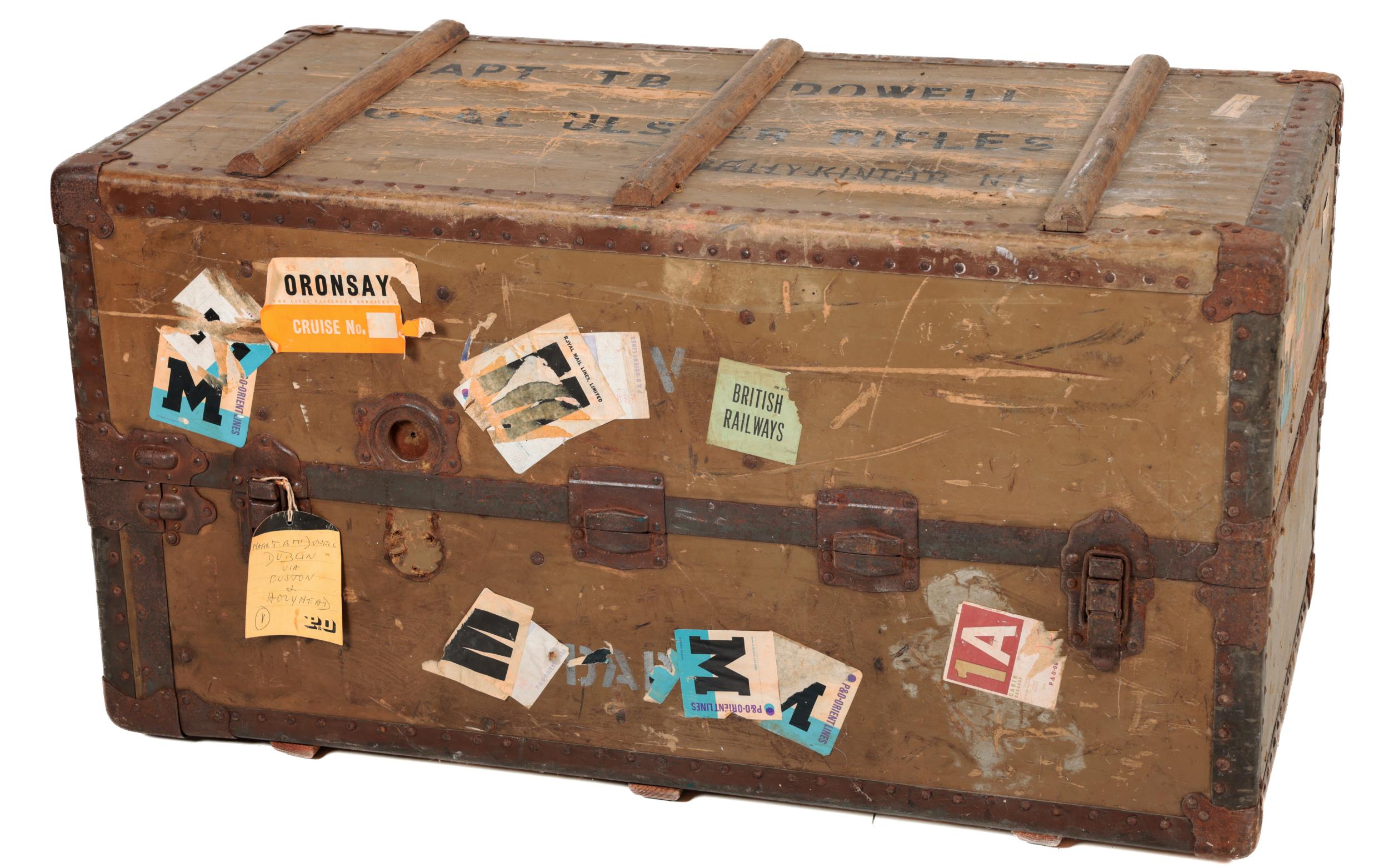 A large Victorian leather and brass bound Steamer Trunk, with owners name on top 'Captain T.B.