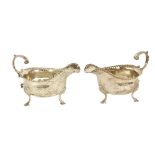 A pair of English George III antique silver Sauceboats, London 1759, by William Skeen, each with