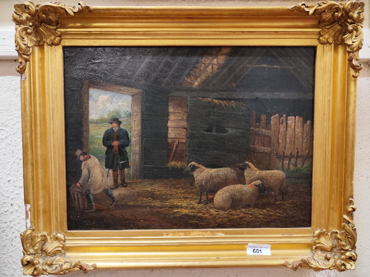 George Morland, British (1763-1804) "Stable Scene with Farm Manager and Helper tending to Sheep," - Image 2 of 5