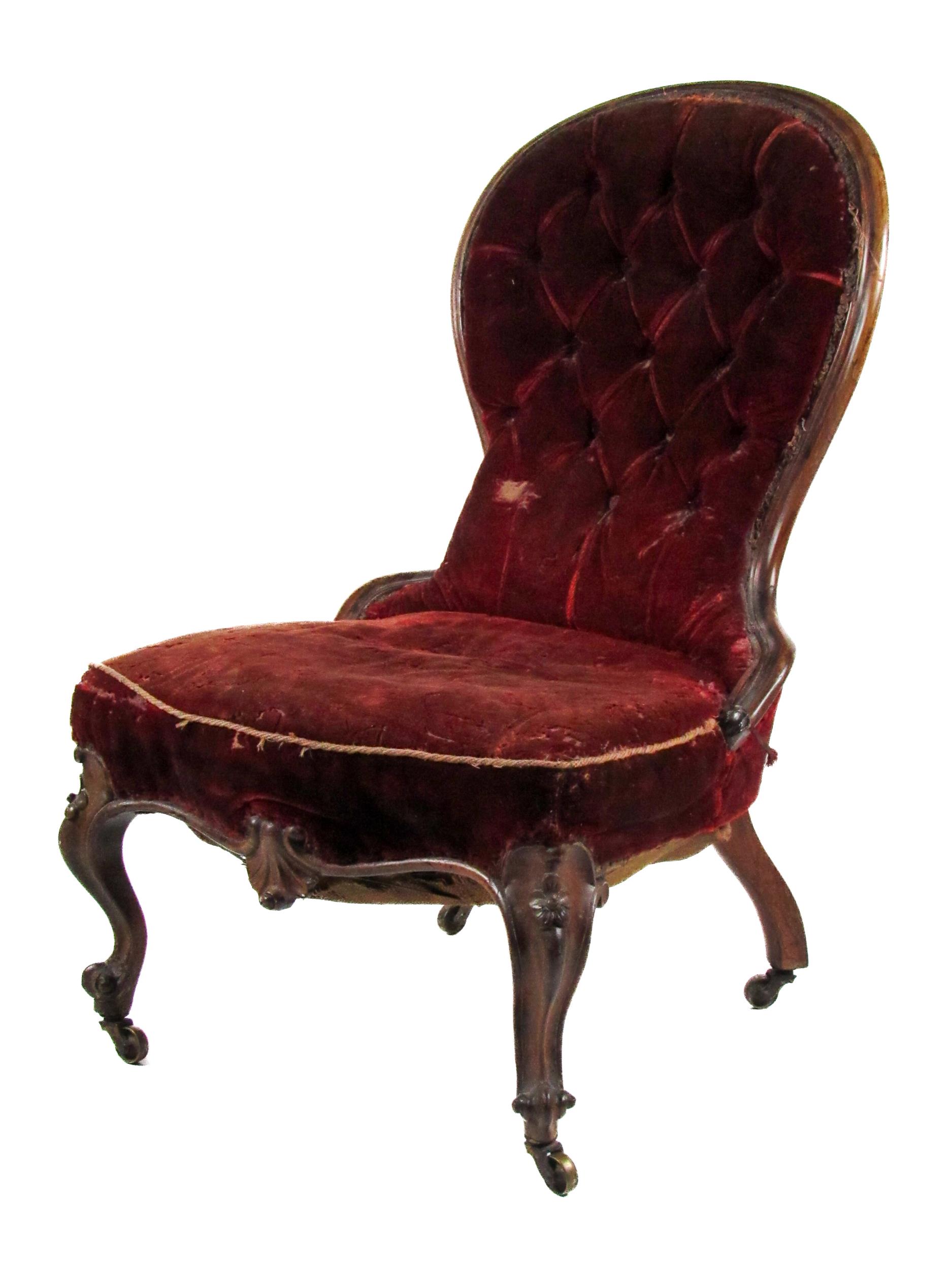 An early Victorian rosewood Nursery Chair, with deep buttoned back, and carved cabriole legs. (1)