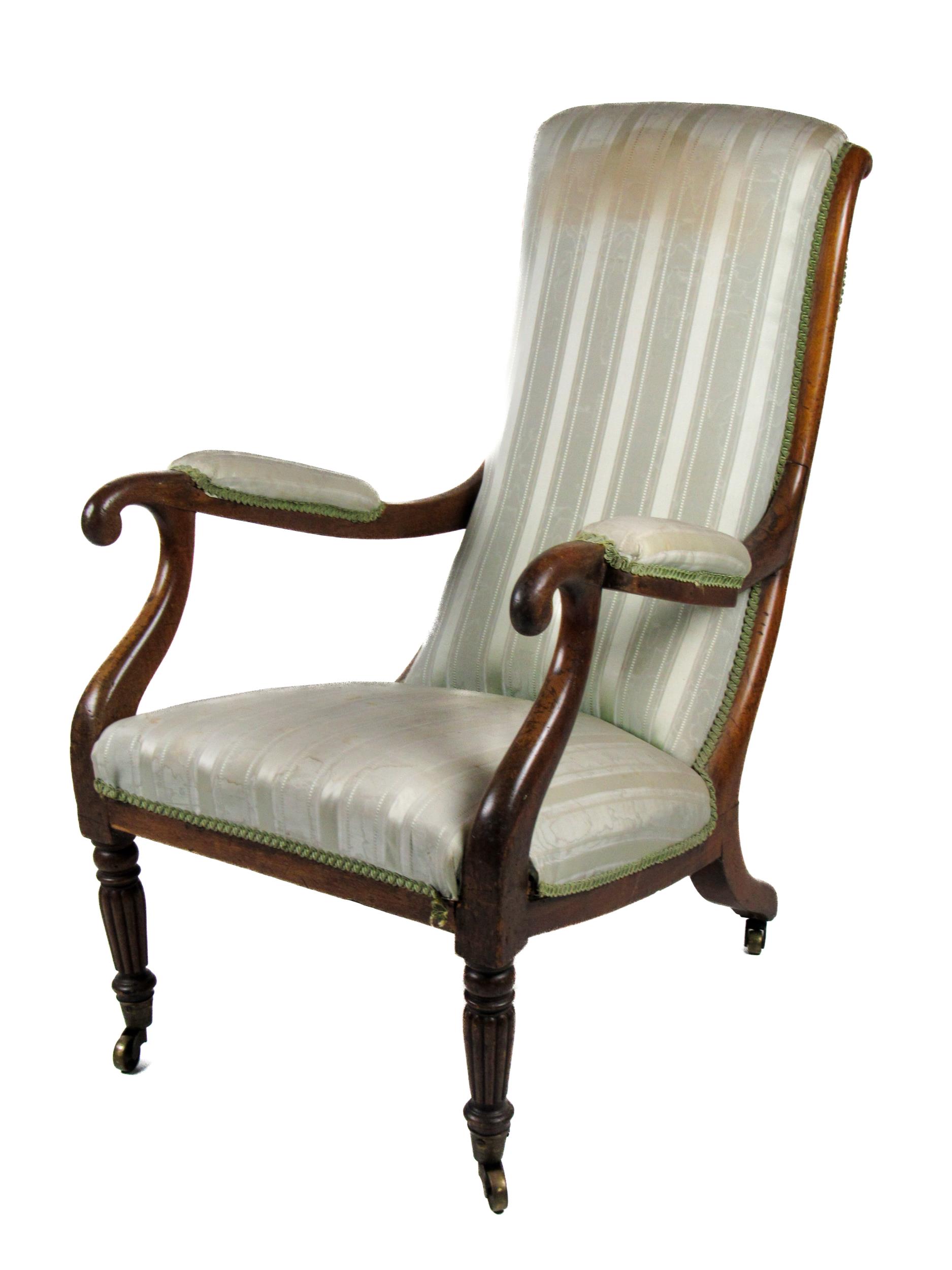 A large early 19th Century mahogany tall back reclining Armchair, upholstered in striped material,