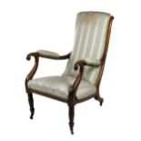 A large early 19th Century mahogany tall back reclining Armchair, upholstered in striped material,