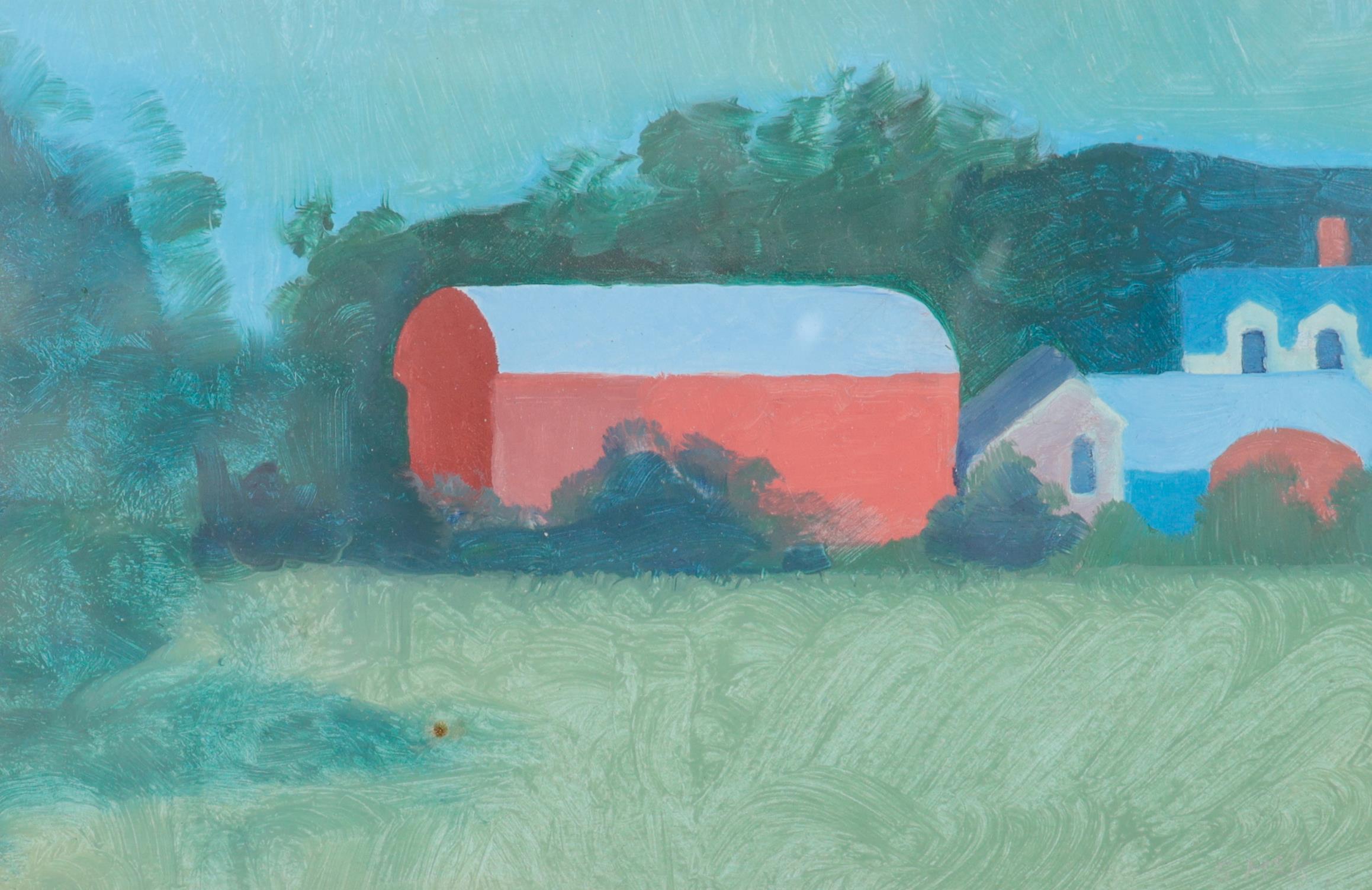 Simon McKinstry, Irish b. 1960 "Farm Buildings," oils on paper, approx. 15cms x 23cms (6" x 9"),