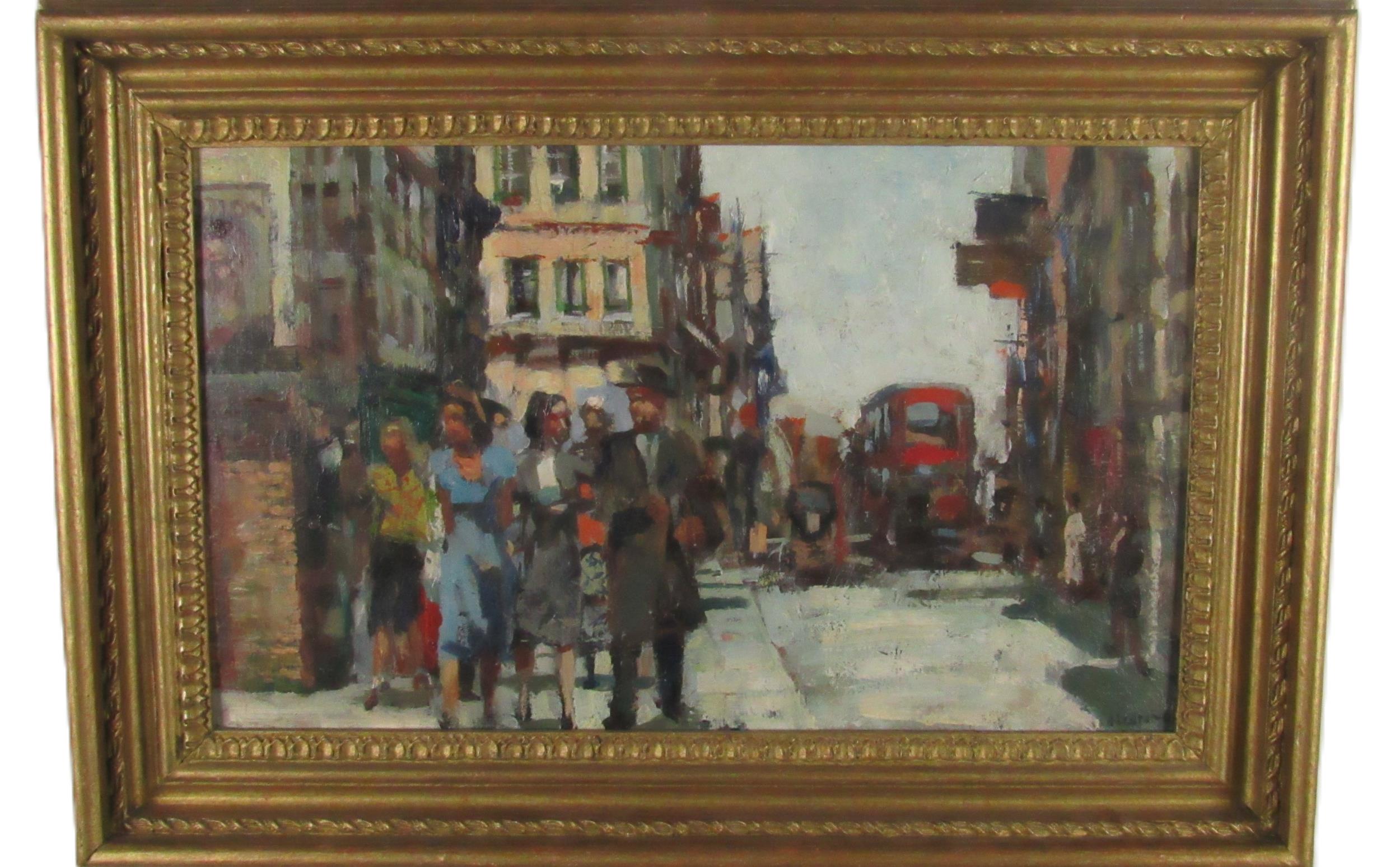 James le Jeune, Irish-Canadian (1910-1983) "Busy London Street Scene," O.O.B., approx. 26cms x 44cms