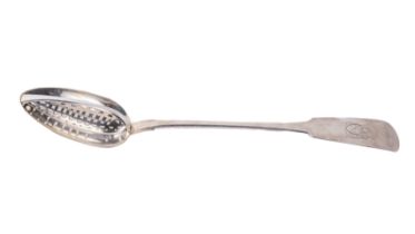 An Irish Georgian silver rat-tail Sifter Spoon, with engraved monogram 'E.P.', by Laurence Nolan,
