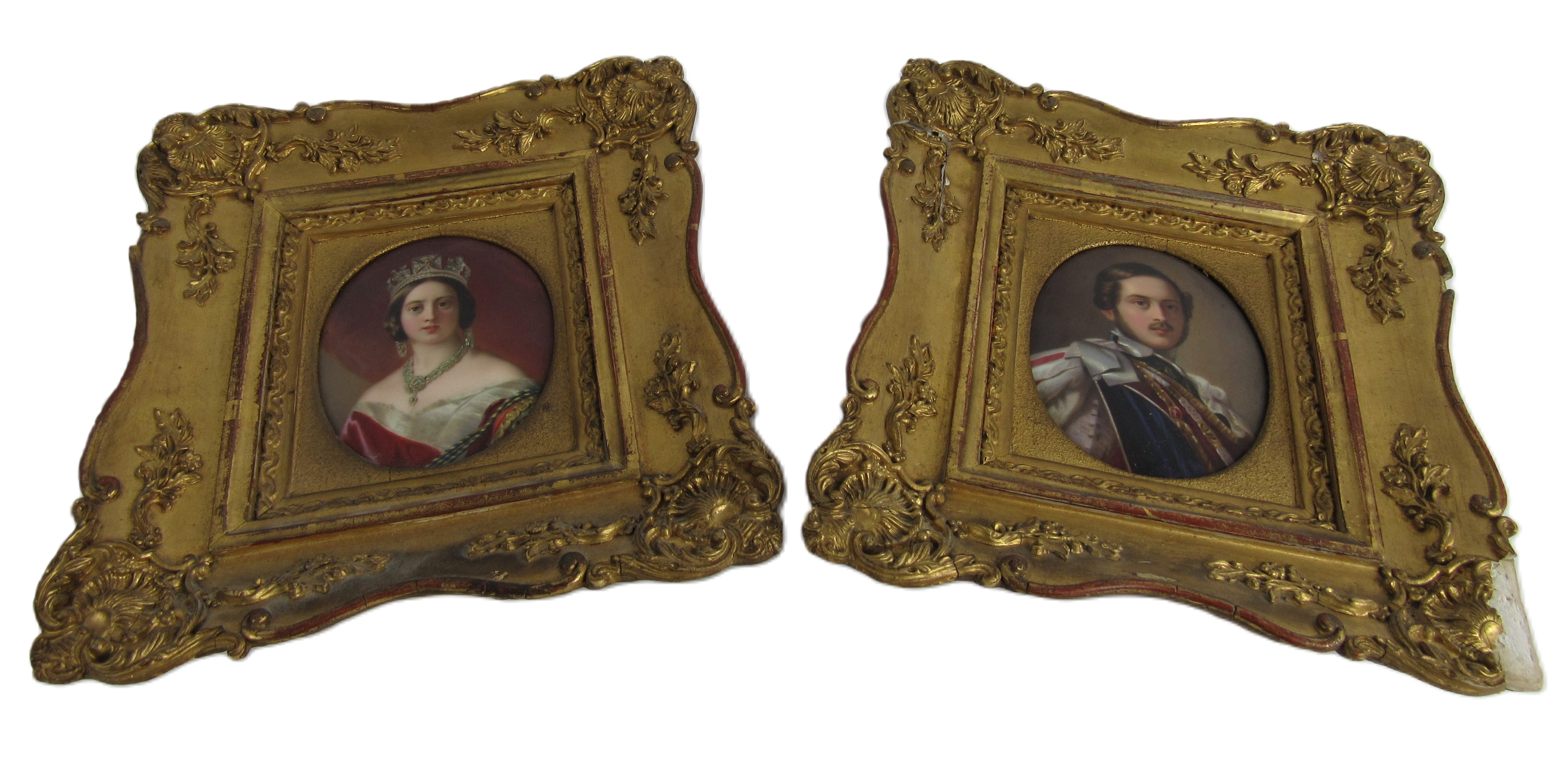 An attractive pair of painted oval miniatures of young Queen Victoria and Albert in regal attire, in