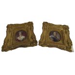 An attractive pair of painted oval miniatures of young Queen Victoria and Albert in regal attire, in