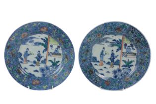 A pair of Chinese Qing period 18th Century Plates, Doucai, decorated with landscape and figures