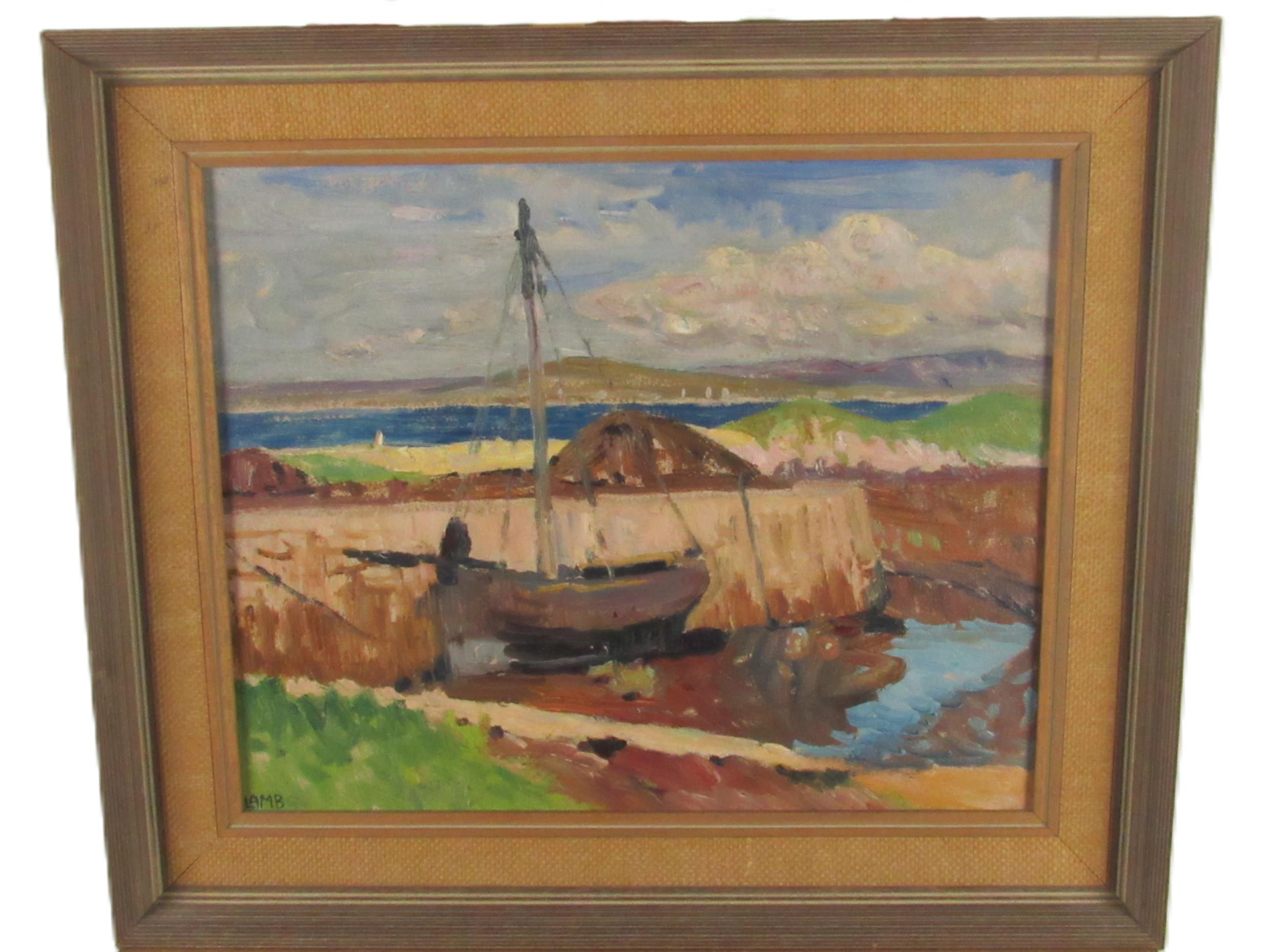 Charles Lamb, RHA, RUA (1893-1964) "A Connemara Harbour, Carraroe," O.O.B., Scene with single Boat