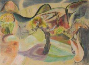 Sine Mackinnon, Irish (1901-1996) "Surreal Landscape," pastel and crayon, approx. 31cms x 42cms (12"