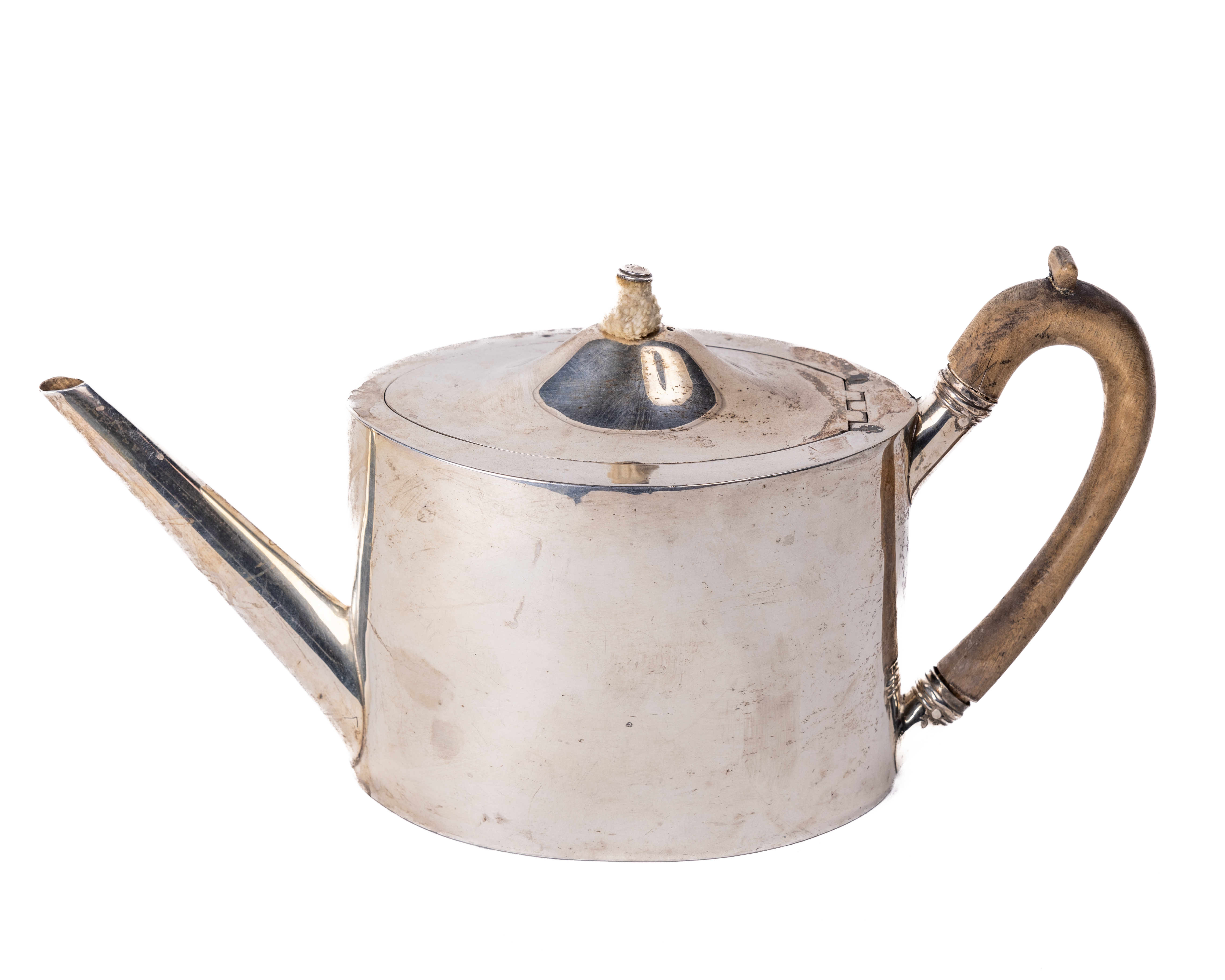 An English Georgian period plain silver Teapot, with domed hinged lid, wooden handle and straight