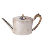 An English Georgian period plain silver Teapot, with domed hinged lid, wooden handle and straight