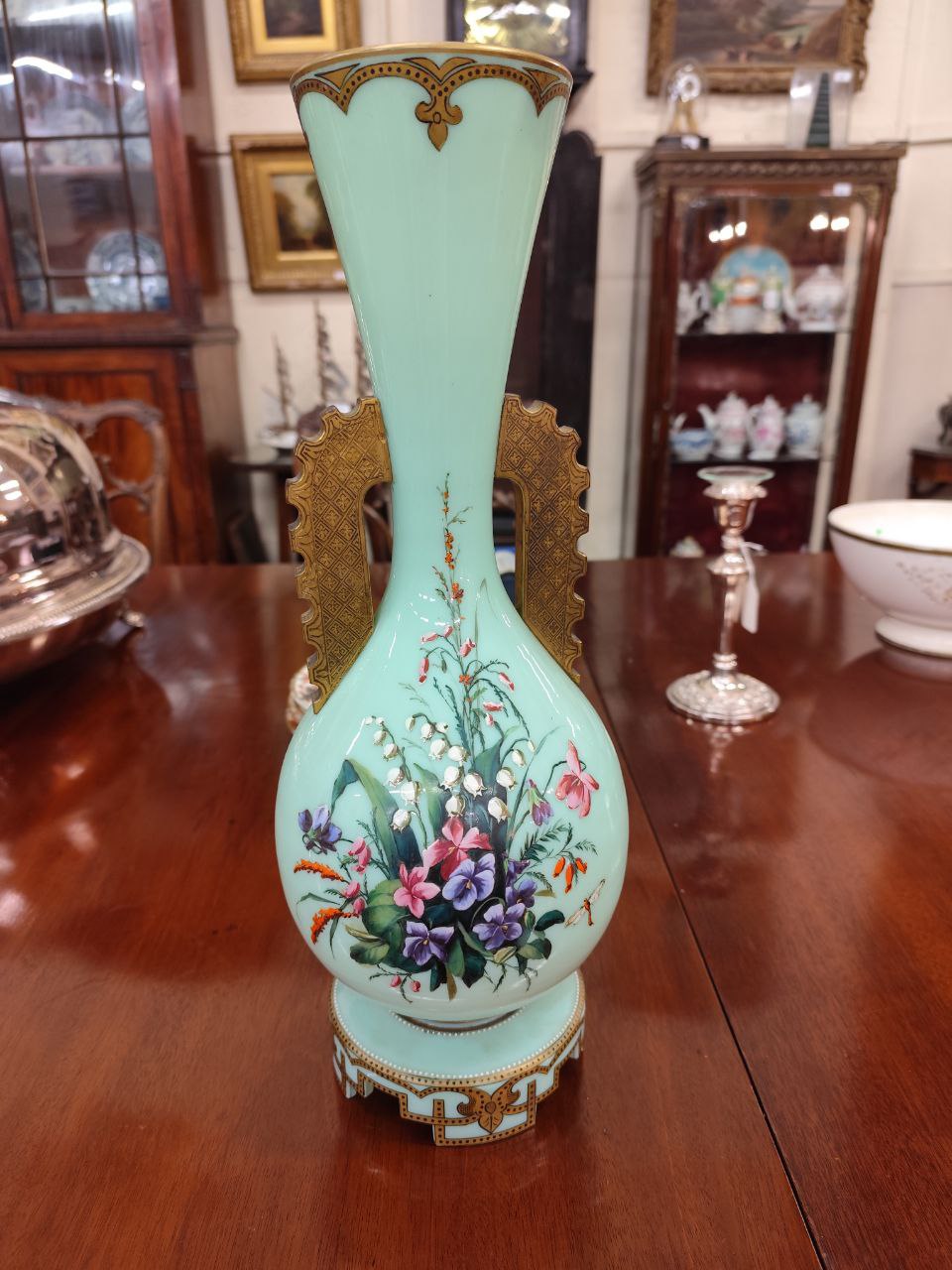 An attractive Chinese style tubular blue ground glass Vase, decorated with hand painted floral - Image 10 of 14